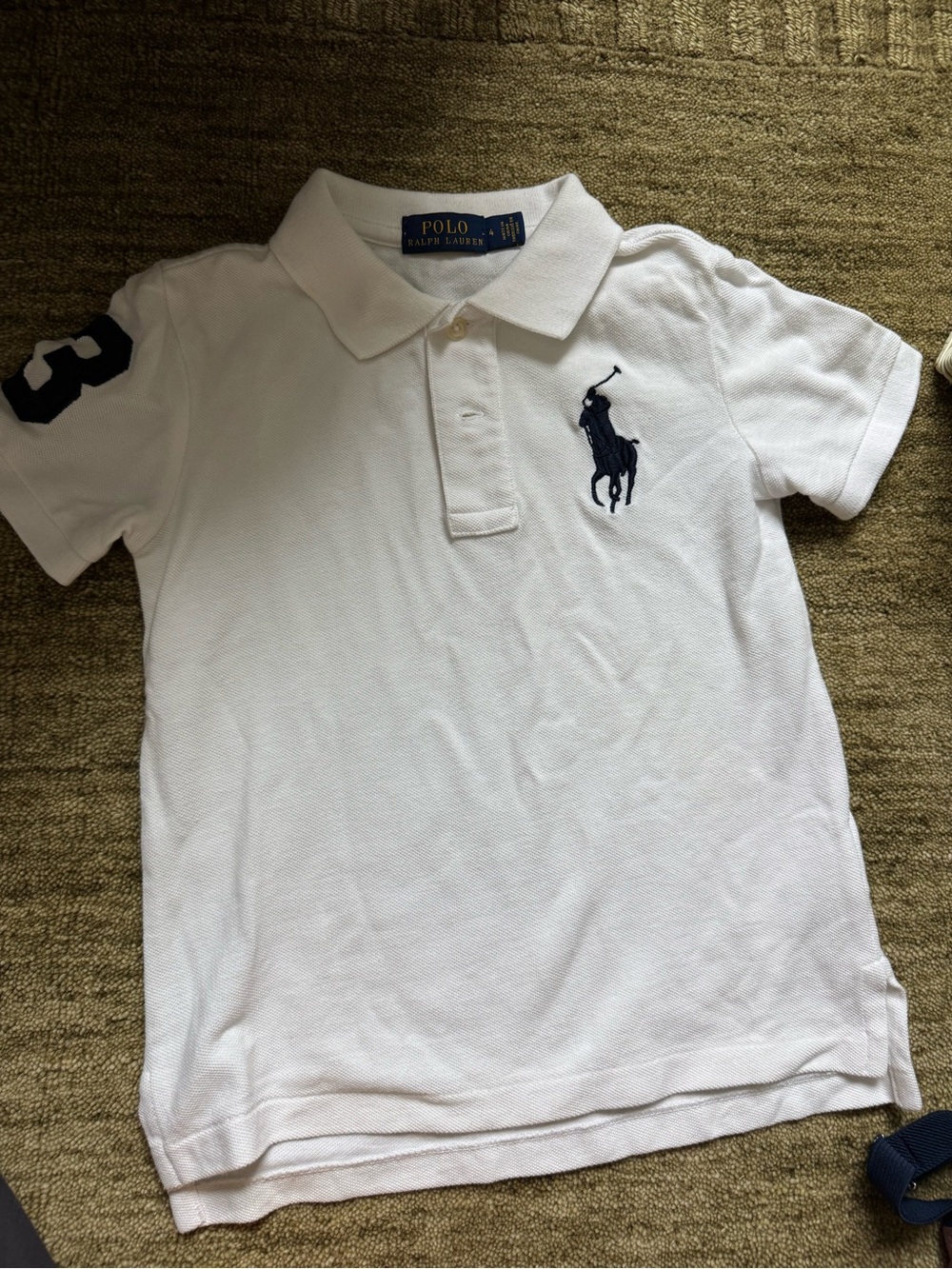 Ralph Lauren White Polo Shirt with Navy Pony and Sleeve Number; size 4T